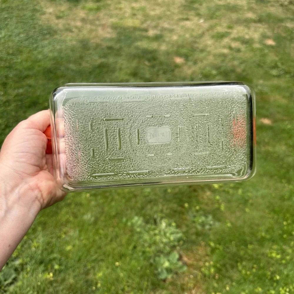 Vintage GLASBAKE #59 Clear Glass Loaf Pan Baking Dish Ornate Orange Handles USA